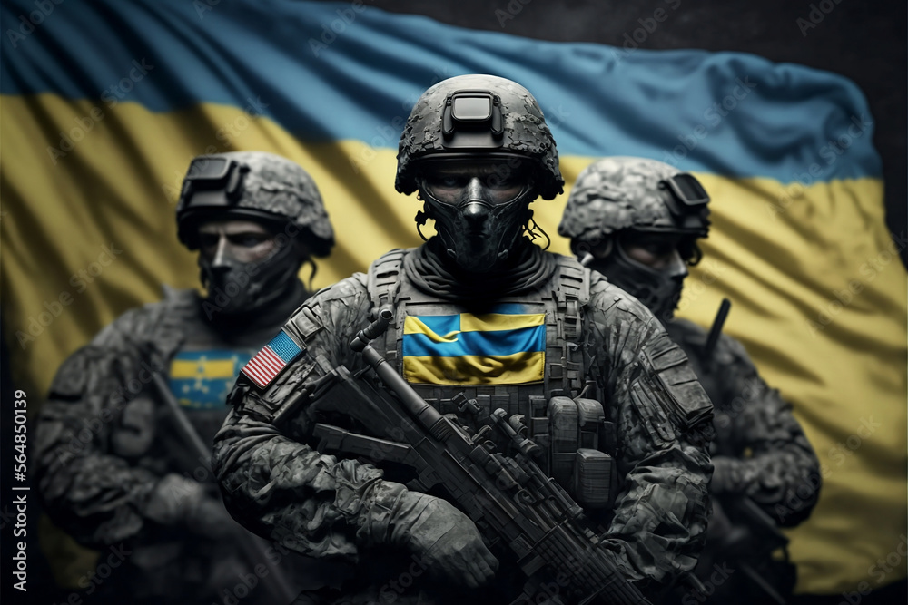 Soldiers with Ukraine flag, generative ai Soldiers with Ukraine flag, generative ai
