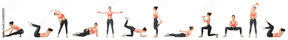 Set of sporty woman training on white background Set of sporty woman training on white background