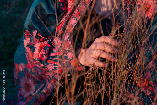 Hand on nature with japanesse style blue and pink coat photo