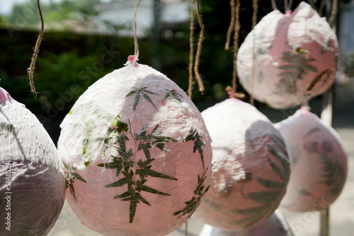 Closeup of paper balloons glued with plants