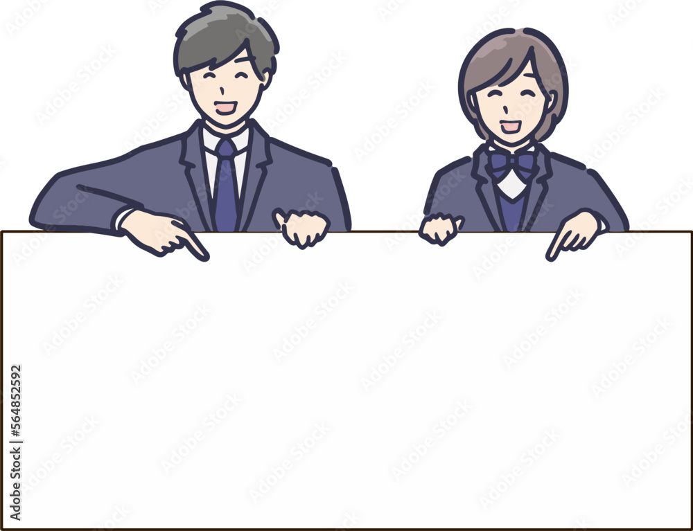 ホワイトボードを持った制服の学生男女のイラスト