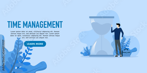 Time management concept. The character looks at the hourglass and tries to manage and organize work and life time. Flat cartoon vector illustration isolated.