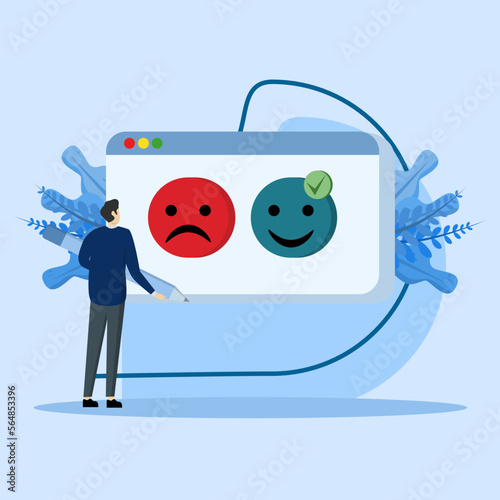 Feedback and review concept. Fill out the character survey form and give a positive or negative opinion. identify customer satisfaction and complaints. Customer service and user experience concept.