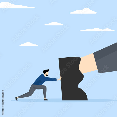 self-pushing concept, keep self-development or self-improvement to overcome difficulties and success in business and career concept, confident entrepreneur pushing himself forward with full effort.