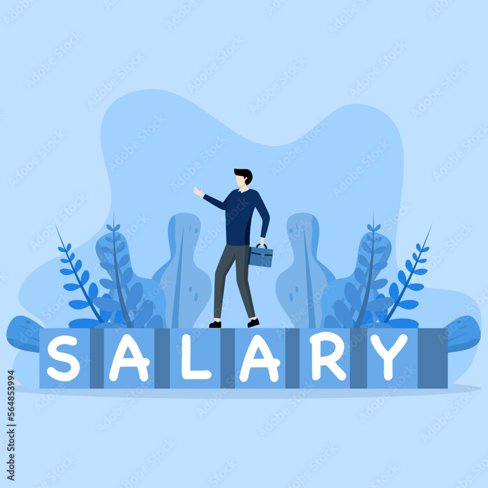 concept of office salary or bank deposit employee working businessman, office man walking on word cube block building Salary on blue yellow background, Salary man. concept of office salary or bank deposit employee working businessman, office man walking on word cube block building Salary on blue yellow background, Salary man.