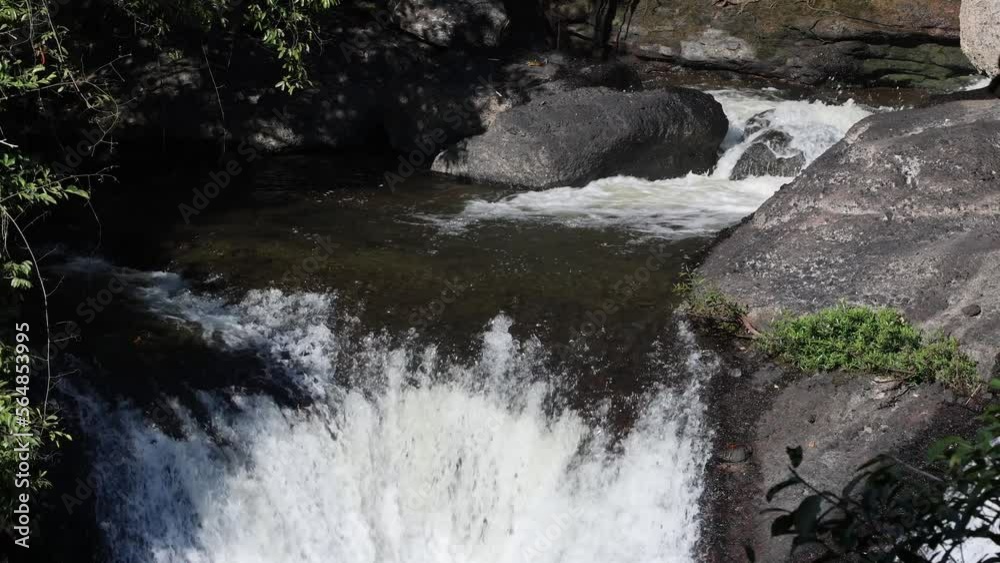 Zooming out of waterfall in tropical forest. Zooming out of waterfall in tropical forest.