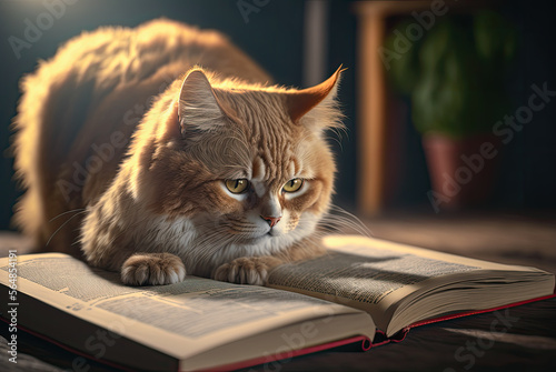 Cat reading a book. Generative AI