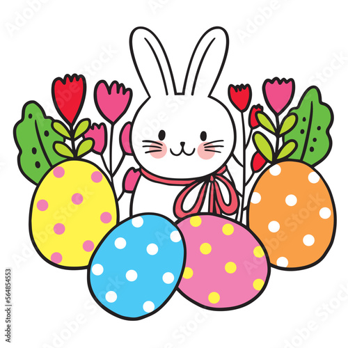 Easter day cartoon cute character white rabbit and egg vector.