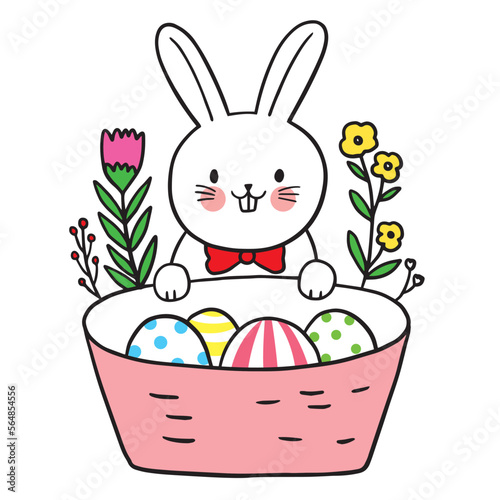 Easter day cartoon cute character white rabbit and egg vector.