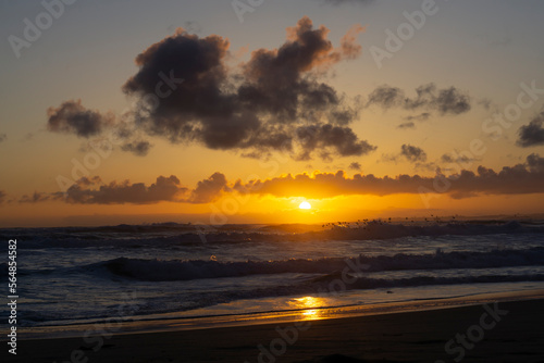 Sunset on the beach. Paradise beach. Tropical paradise, clear water. Seascape in early evening, sunrise over the ocean. Nature landscape. Orange and golden sunset sky.  © Kateryna