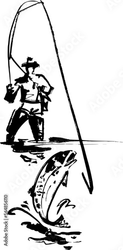fisherman with a fishing rod and trout fish on the hook