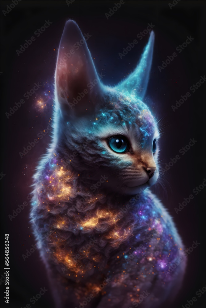 Cosmic Kitten with Rabbit Ears and Blue Eyes consisting of Stars and Galaxies