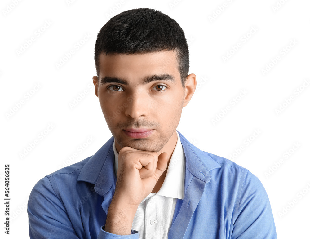Thoughtful young man on white background, closeup Thoughtful young man on white background, closeup
