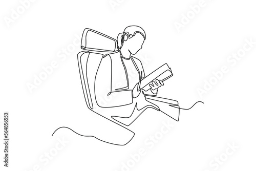 Single one line drawing happy woman on seats traveling by aircraft. Air transportation concept. Continuous line draw design graphic vector illustration.