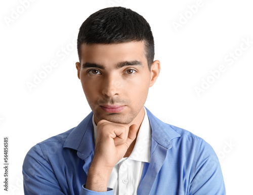 Thoughtful young man on white background, closeup