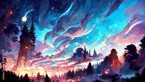 forest adventures in the night sky illustration Generative AI Content by Midjourney