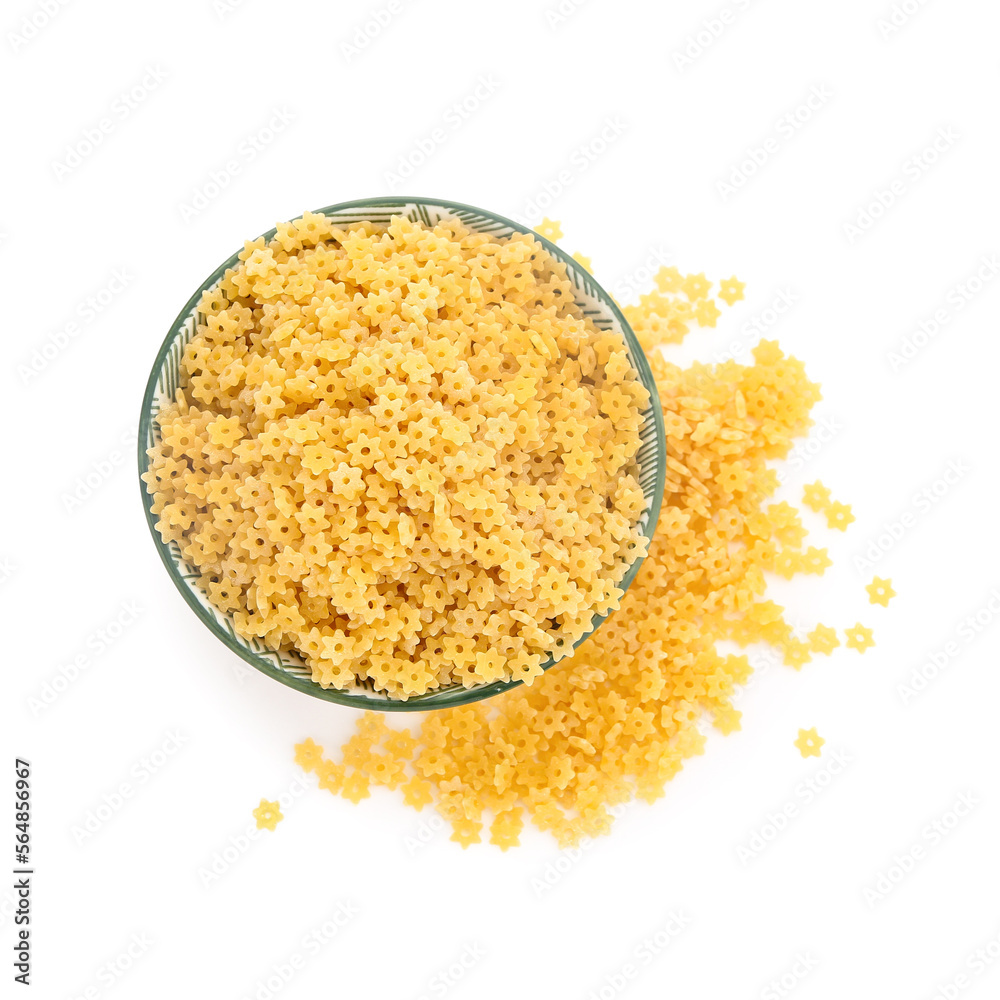 Bowl of raw stelline pasta on white background Bowl of raw stelline pasta on white background