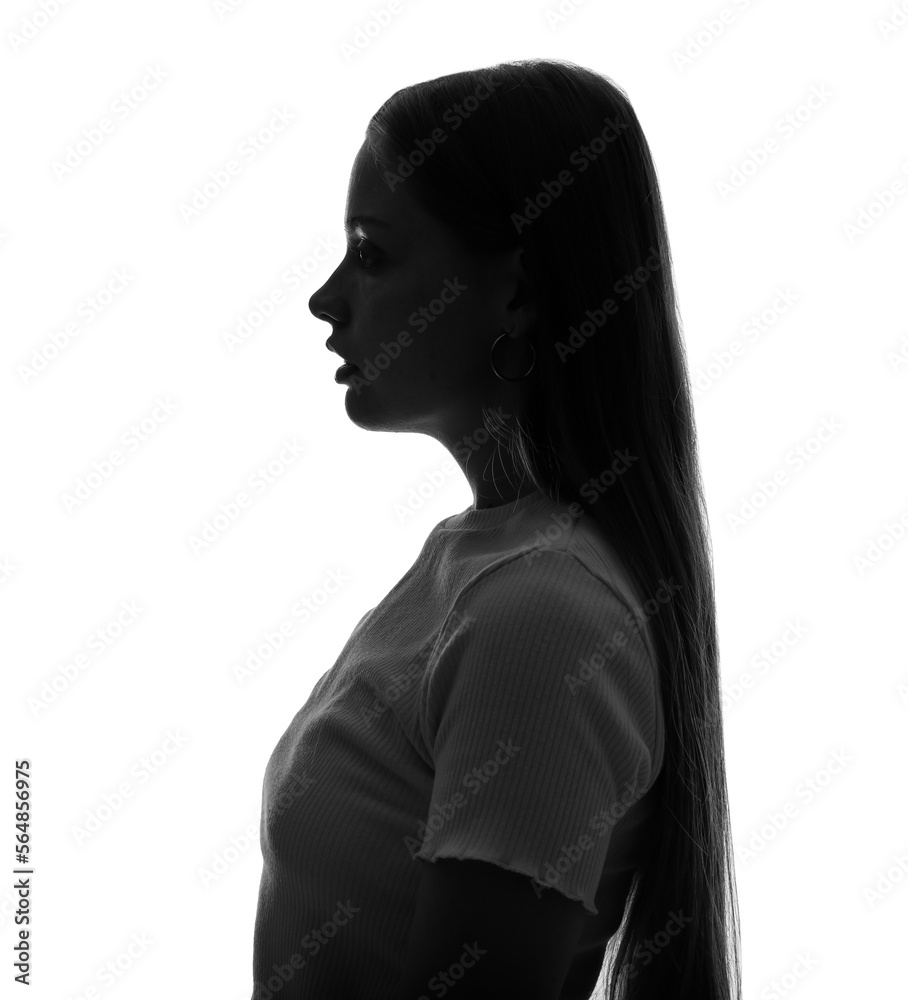 Silhouette of young woman on white background, closeup