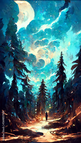 forest in the night starry sky illustration Generative AI Content by Midjourney