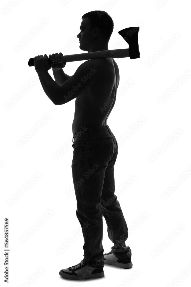Silhouette of muscular young man with axe on white background Silhouette of muscular young man with axe on white background