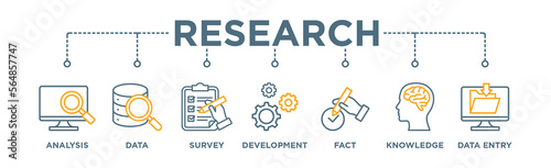 Research banner web icon vector illustration concept with icon of analysis, data, survey, development, fact, knowledge and data entry