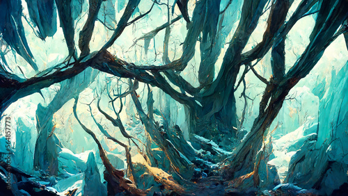 Forest scene in frozen cave illustration Generative AI Content by Midjourney