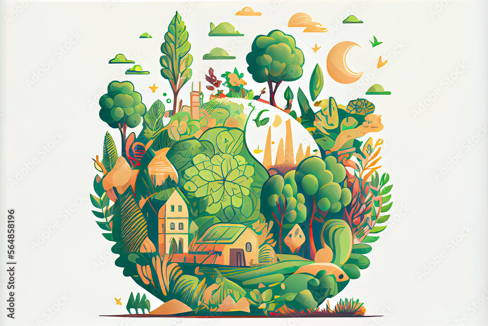 Fototapeta premium Eco friendly outline clean environment concept vector illustration. Sustainable bio food, energy