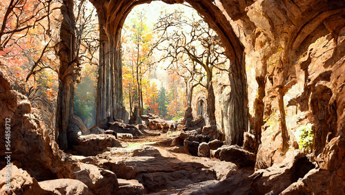 Medieval style and features forest scene cave illustration Generative AI Content by Midjourney