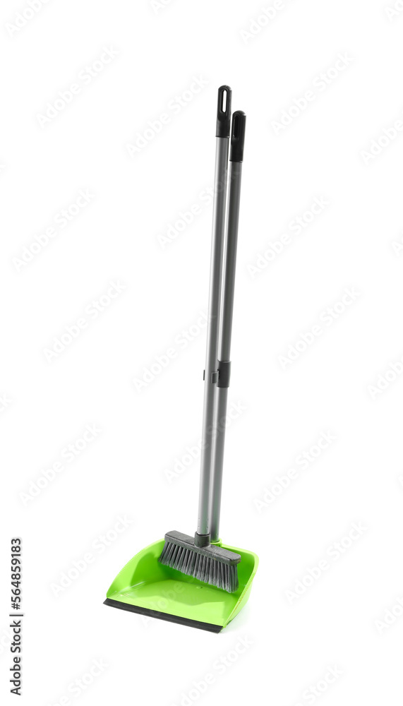 Cleaning broom with green dustpan on white background Cleaning broom with green dustpan on white background