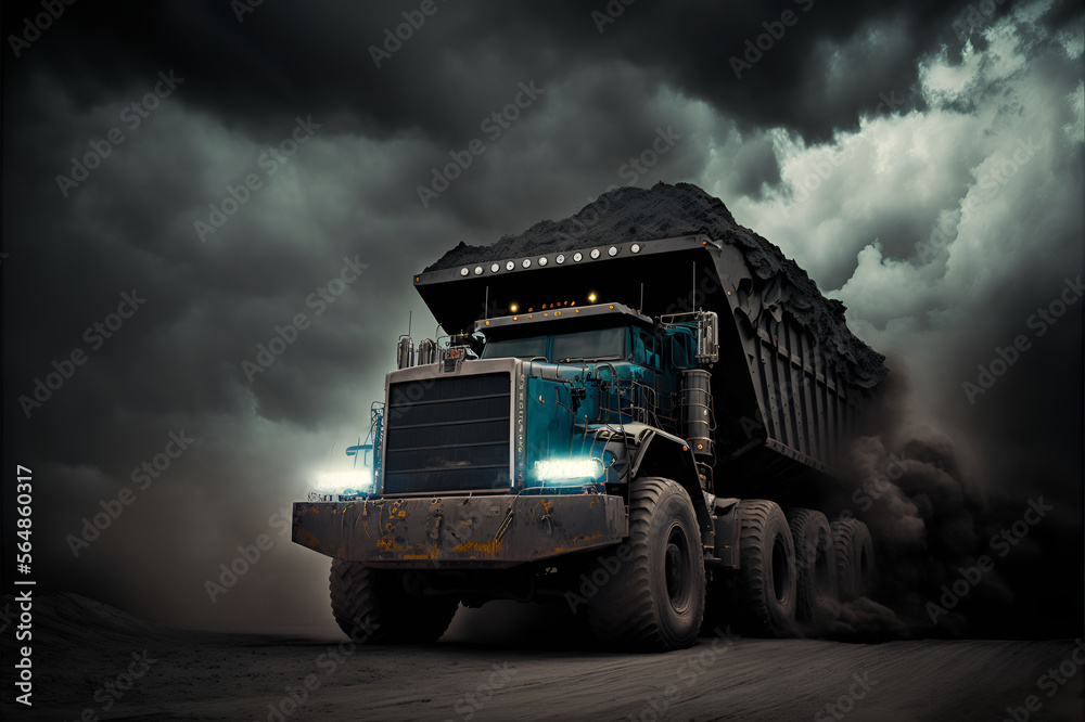 Industrial dark truck in a coal mine. Mineral resources for transportation, creepy black sky. Industrial dark truck in a coal mine. Mineral resources for transportation, creepy black sky.