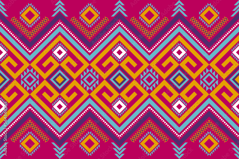 Ethnic Local Fabric Pattern Geometric Shapes, Bright Colors, Magenta Background, Contrasting With purple, Yellow, White,Light blue, Can be Used to Cut Textile Fashion Design Clothes, Bed Sheets
