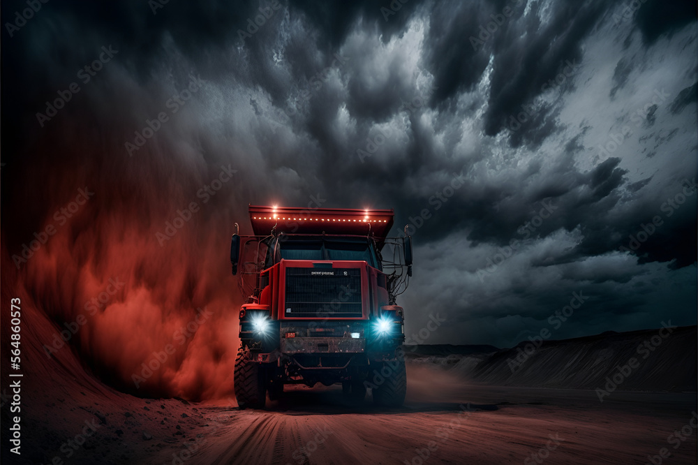 Industrial red truck in a coal mine. Mineral resources for transportation, creepy black sky.