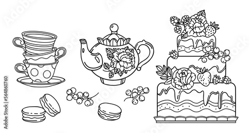 Tea party. Line vector food illustration. Coloring page. 