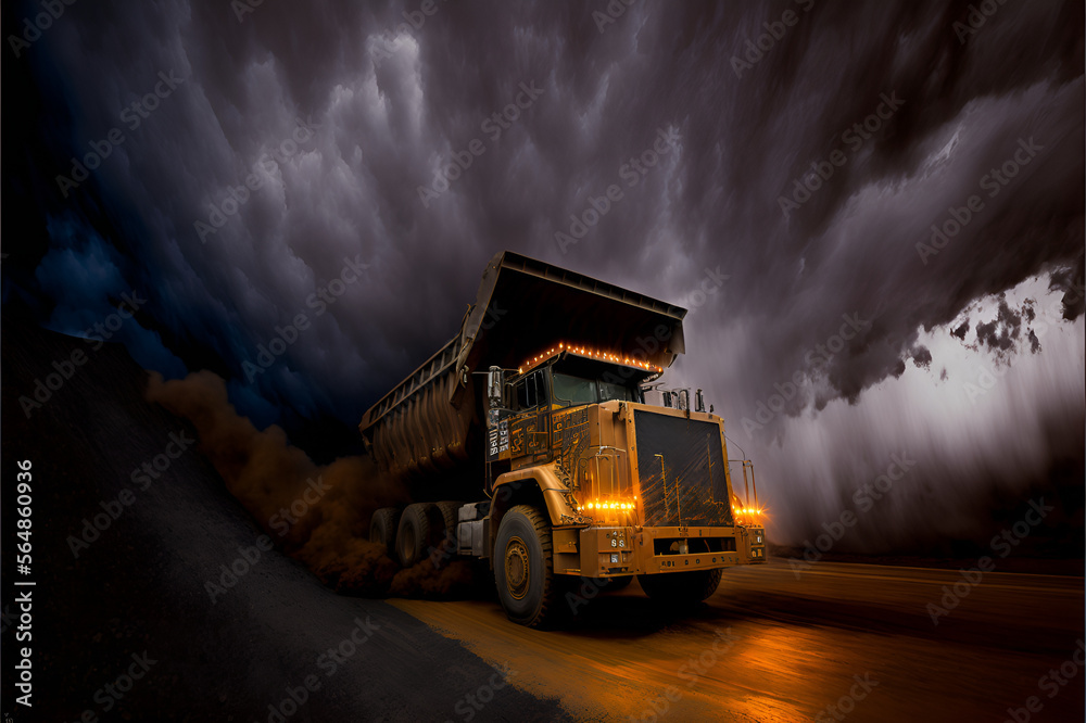 Industrial yellow truck in a coal mine. Mineral resources for transportation, creepy black sky.