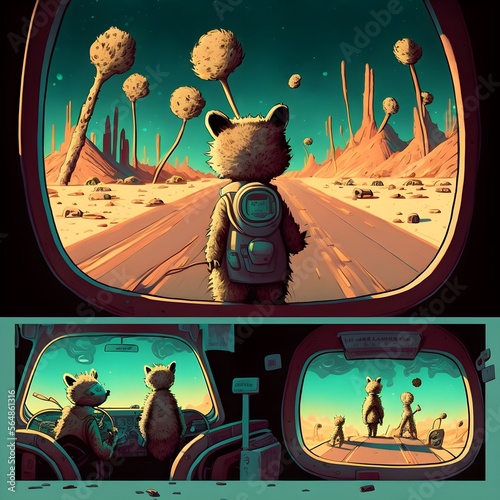 Obraz na plátně raccoons board returning home in their raccoocs planet in style of moebius rick
