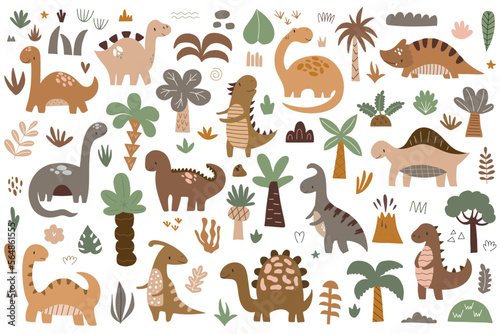 Set of cute dinosaurs and tropical plants. Vector illustration isolated on white background for your design
