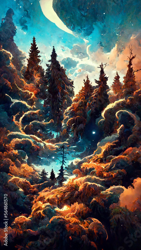 forest in the night sky state illustration Generative AI Content by Midjourney © simon