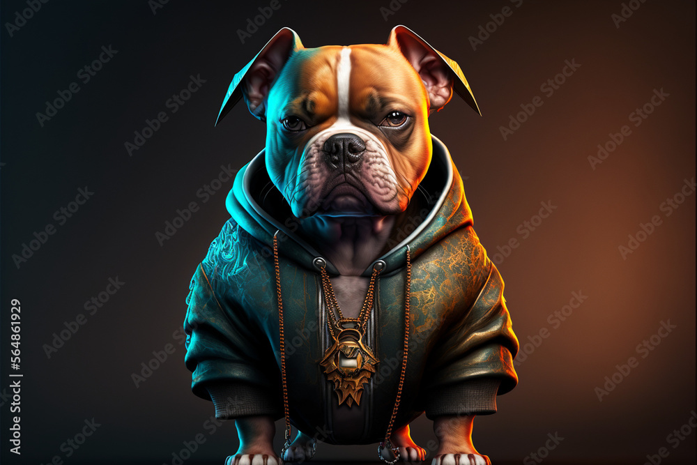 A Pitbull dressed in a Hip Hop themed outfit, AI generated art work