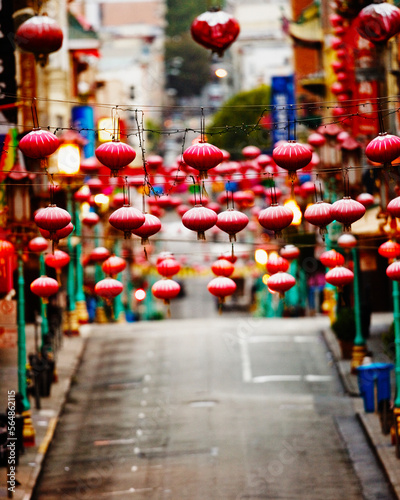 Red lanterns hang over Grant Avenue. photo