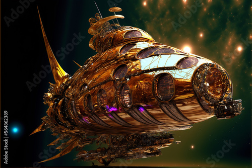 Spaceships in space, futuristic, modern, technology, designed as elementals, like living creatures, space travel, alien civilizations, water, fire, air, earth, Ai generative photo