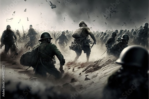 Multitude of soldiers desperately fighting in no man's land, world war scenery created with generative ai technology photo