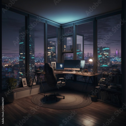 Modern workspace in the night with city view