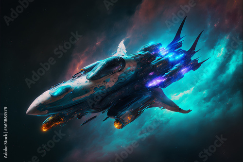 Spaceships in space, futuristic, modern, technology, designed as elementals, like living creatures, space travel, alien civilizations, water, fire, air, earth, Ai generative