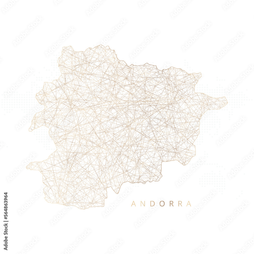 Low poly map of Andorra. Gold polygonal wireframe. Glittering vector with gold particles on white background. Vector illustration eps 10. Low poly map of Andorra. Gold polygonal wireframe. Glittering vector with gold particles on white background. Vector illustration eps 10.