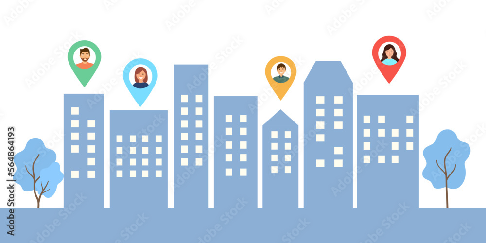 Pin marker gps location city building address in flat design on white background.