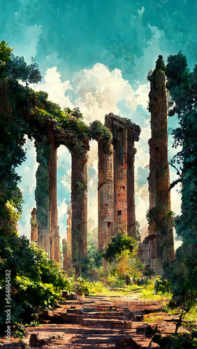 forest old ruin of Greek city or Roman empire historical illustration Generative AI Content by Midjourney