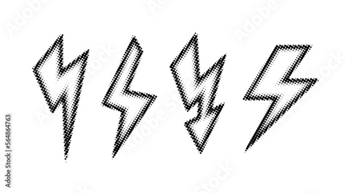 Halftone lightning bolt set. Black textured thunderbolt collection. Black flash symbols. Comic lightning strike signs. Vector