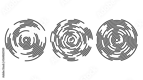 Concentric circle segments set. Rippled round patten background. Sonar or sound wave rings collection. Epicentre, target, radar icon concept. Radial signal or vibration elements. 