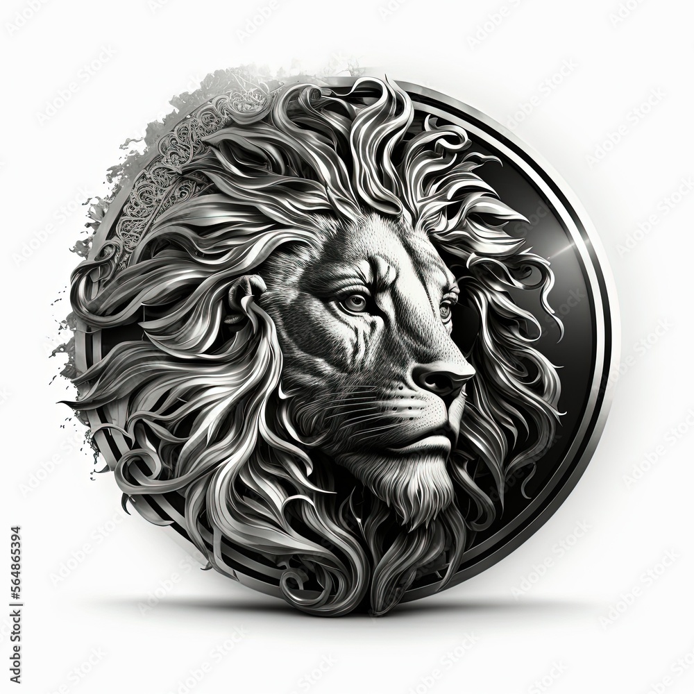 Emblem illustration, lion amulet in silver circle, logo, white background. Generative AI