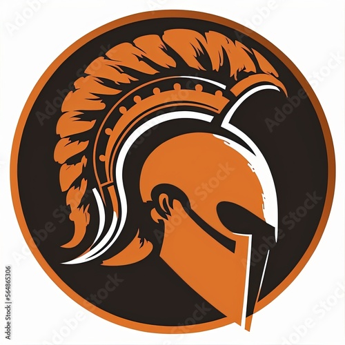 Spartan helmet emblem illustration in orange circle, logo, white background. Generative AI